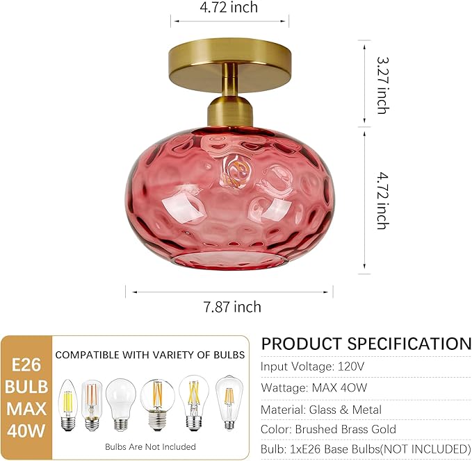 Luafac 7.9″ Small Semi Flush Mount Ceiling Light,Red Hallway Light Fixtures | Art Deco Hammered Glass,Whimsical,Vintage Gold Mid Century MCM Lighting for Closet Cottage Entryway Laundry Room Foyer