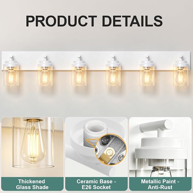 IZORRO Bathroom Vanity Light Fixture, 6-Light 46 Inch White Bathroom Light Fixtures Over Mirror, with Clear Glass Shade, Modern Farmhouse Vanity Lights, Rustic Restroom Lighting Fixtures