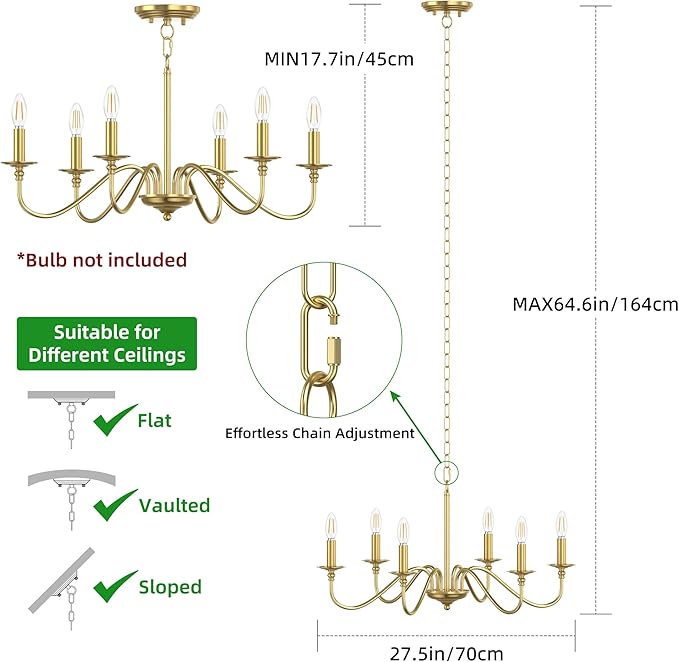 Rustic Farmhouse Candle Chandelier for Dining Room, 6-Light Rustic Black Iron Light Fixture with Classic S-Arm Design for Kitchen Island, Living Room, Foyer-Brass Gold