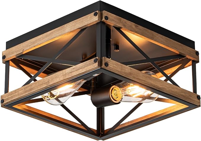 Mayful Black Farmhouse Flush Mount Ceiling Light Fixture, 2-Light Rustic Hallway Light Fixtures with Wood & Metal Frame, Industrial Close to Ceiling Light Fixtures for Kitchen Entryway Foyer