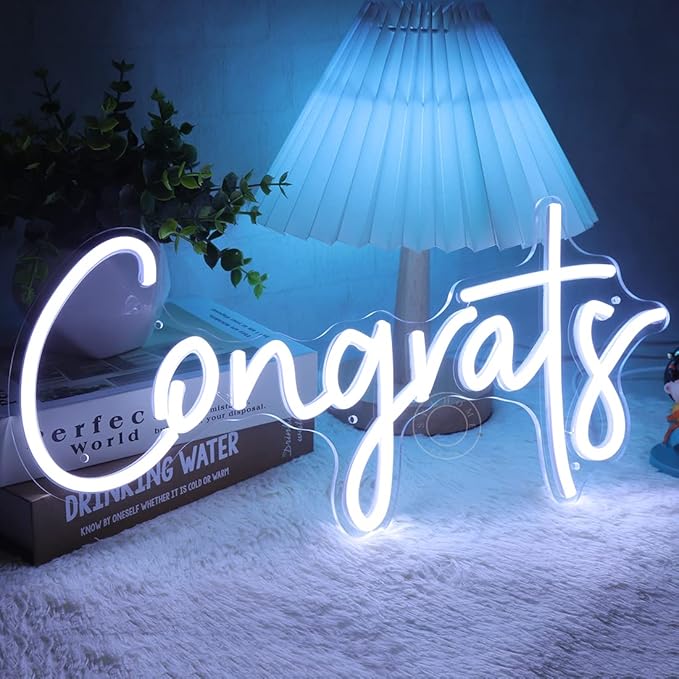 SYLHOME Congrats LED Neon Light Sign for Wedding Birthday Party Graduation Background Wall Decor Sign Celebration Banquet Light Up Sign 15.75" X 7.4" USB Indoors Cold White