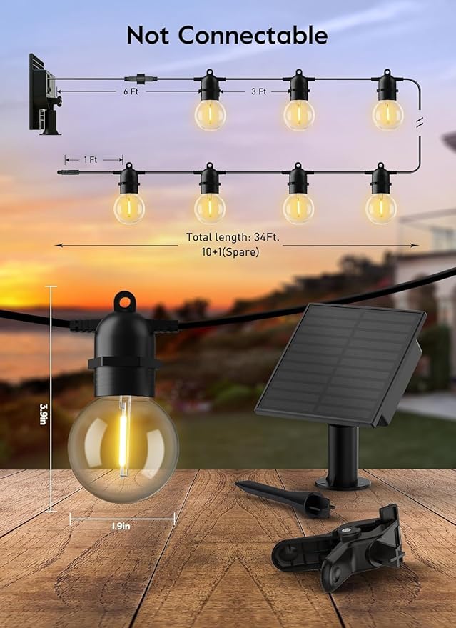 Brightown 34FT Outdoor Solar String Lights - LED G40 Pro Patio Energy Saving with 11 Shatterproof Bulbs, 3 Light Modes Waterproof Hanging Lights for Outside Garden Backyard Decor, No Remote Control