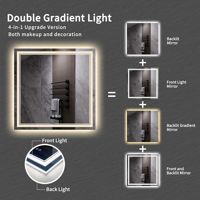 LED Mirror, 40x40 Inch Gradient Front and Backlight Bathroom Mirrors for Wall, 3 Colors Dimmable CRI>90 Double Lights, IP54 Enhanced Anti-Fog, Hanging Plates Wall Mount LED Vanity Mirror