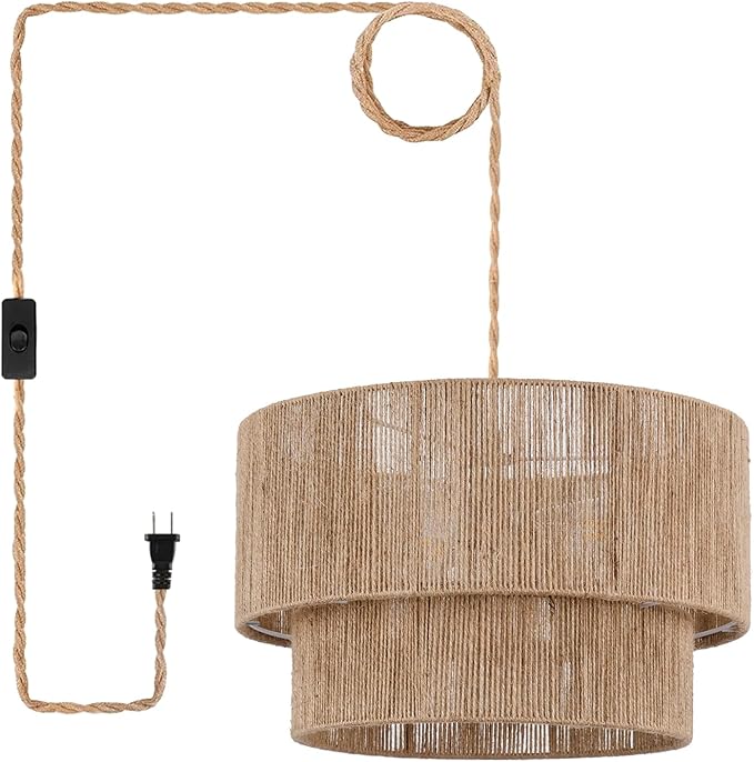 18” Plug in Pendant Light, Hanging Light Fixture with Hemp Rope Lampsahde, Handwoven 2 Tier Drum Boho Plug in Chandelier for Dinning Room, Bedroom and Living Room