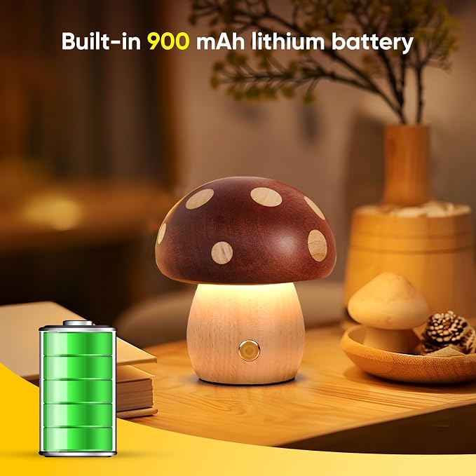 YIEONSHION LED Wood Mushroom Table Lamp, Rechargeable Cordless Touch Bedside Lamps, Wireless Stepless Dimming Night Light, Portable Battery Lamp for Bedroom Nightstand for Birthday Gifts (XMG-Small)