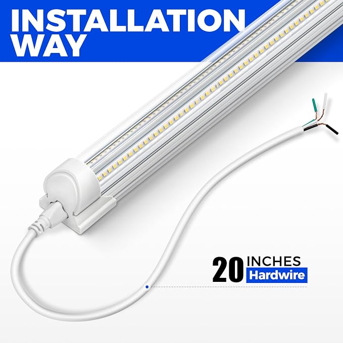 Barrina T8 LED Shop Lights 8FT, 100W 15000LM 5000K, 4 Pack, High Output | 8 Foot for Garage Workshop and Workbench Use, Easy Clip Ceiling Mount, Linkable to 3, V Shape, Aluminum, Clear Cover