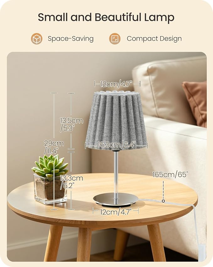 Small Bedside Table Lamp, Dimmable Table Lamp with 3 Adjustable Color Temperatures, Nightstand Lamp with a Dimmable Bulb, E26 Base, for Bedroom, Study, Desk, Gray and Glossy Gray PSH15TL05