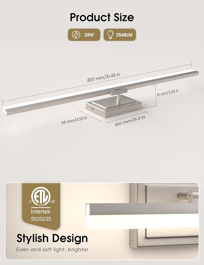 VOLISUN Modern Bathroom Vanity Light 31.5 inch, Rotatable, 28W Dimmable 5CCT Led Bathroom Light Fixture Over Mirror, Brushed Nickel Bar Vanity Light for Bathrooms Mirror Restroom-ETL Certificated
