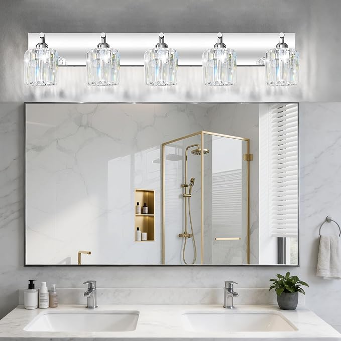Brushed Chrome Crystal Bathroom Vanity Light, 5-Light Modern Bathroom Lighting Fixtures Over Mirror,Chrome Wall Sconce Light Fixtures with Round Shade
