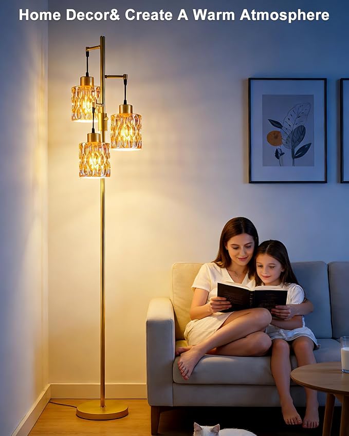 Lightdot 67" 3-Light Glass Floor Lamp for Living Room, Dimmable with Amber Glass Shade & E12 Bulbs Included, Mid Century Standing Tall Lamp with 5Lbs Heavy Base for Bedroom/Sofa Beside/Corner - Gold