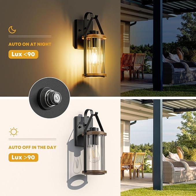 Dusk to Dawn Outdoor Light, Front Porch Light Waterproof Exterior Lighting Fixtures Wood Effect Glass Modern Outside Light for House, Patio, Yard, Garage Black 1 Pack