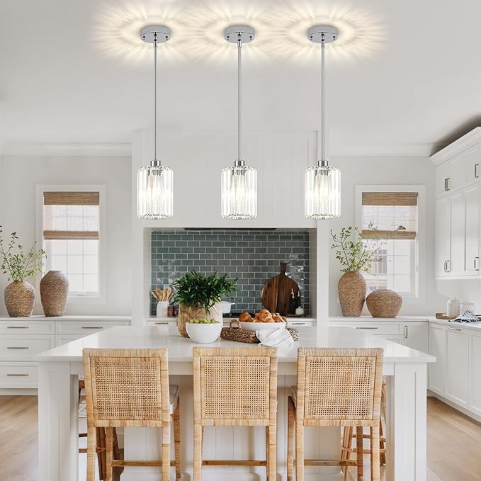 Chrome Crystal Pendant Lights Kitchen Island, Modern Kitchen Pendant Lighting Over Island Dining Room Light Fixtures Adjustable Hanging Pendant Light for Bathroom Hallway Entryway Bedroom Foyer