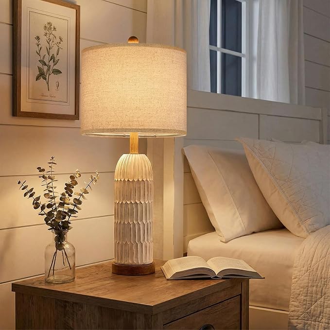 26.5" Bedside Table Lamps Set of 2, Farmhouse Table Lamp with USB A+C Charging Ports,Vintage Nightstand Lamp for Bedrooms and Living Rooms, Retro Resin End Table Lamp with Linen Shade, Brown