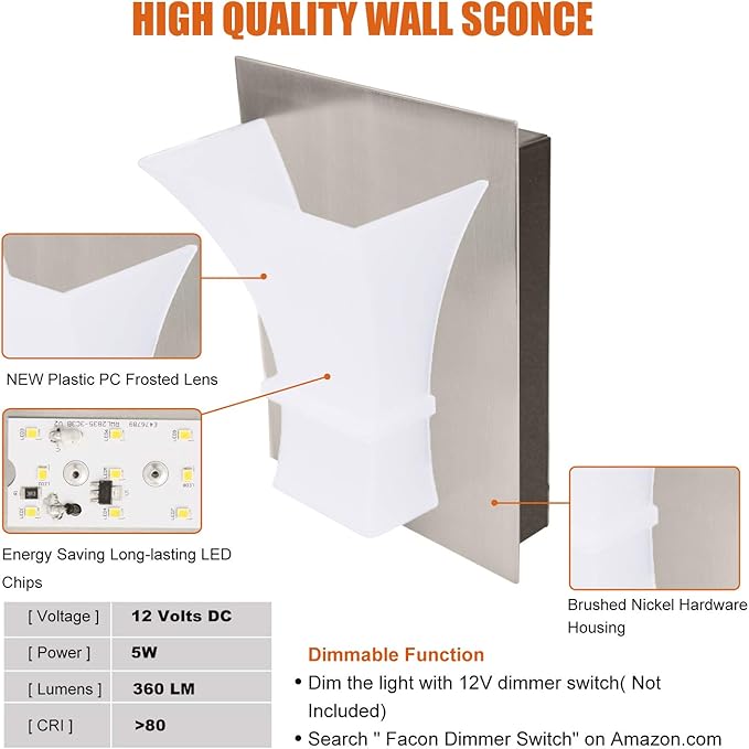 Facon 12V LED RV Wall Sconce with Switch – Decorative RV Bedside Reading Lamp | Energy-Efficient RV Interior Lighting for RVs, Campers, Trailers & Boats