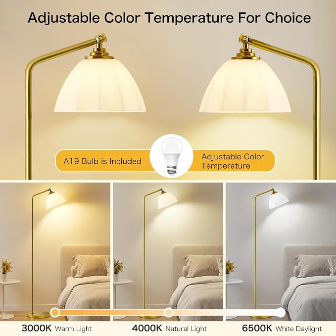 Floor Lamps for Living Room, 63" Modern Tall Standing Lamp, 3CCT | Lamp for Bedroom, Office, Reading Nook, Kids Room, Glass Lampshade, Foot Switch, Weighted Base, Easy Assembly, Home Decor
