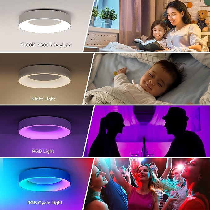 Annaror RGB LED Flush Mount Ceiling Light with Remote Control, 11 Inch Color Changing Light Fixture Dimmable, 3000K-6500K Modern Low Profile Ceiling Lights for Bedroom Kids Room, White