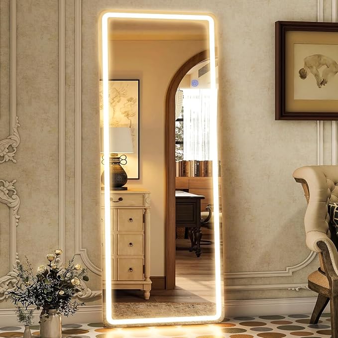 LED Full Length Mirror 71x26 Inch, Lighted Floor Body Mirror with Stand | Tall Arch Aluminum Frame Mirrors with Dimmable 3 Color Lighting, Hanging Mounted Mirrors for Living Room, Bedroom, Cloakroom