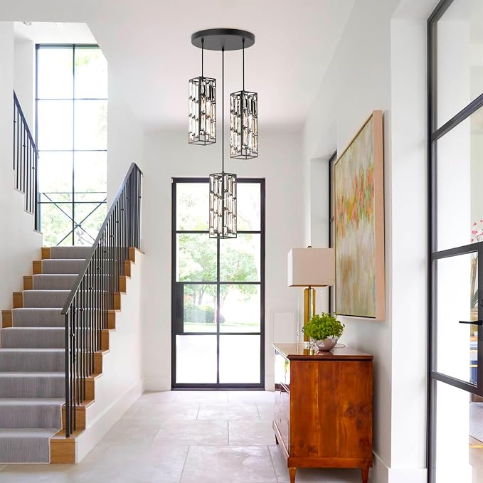Modern 3-Light Crystal Pendant Light Fixture Kitchen Island, Black | Mini Crystal Chandeliers, Height Adjustable Cord, Ceiling Hanging Lighting for Kitchen Island Dining Room Bedroom