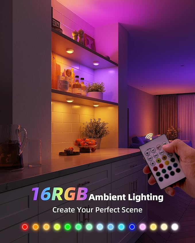 EZVALO 6-Pack Rechargeable Puck Lights with Charging Station, Under Cabinet Lighting with Remote, 2.95'' Mini Tap Lights, 16 RGB Colors & 3 Color Temperatures, Dimmable Stick-On Lights