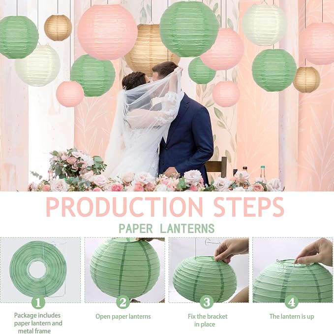21-Pack Pink, Sage Green & Brown Paper Lanterns, Pastel Party Decor | Round Hanging Set for Woodland Birthdays, Baby Showers, Bridal Events, Boho Weddings, Classroom & Office Decor