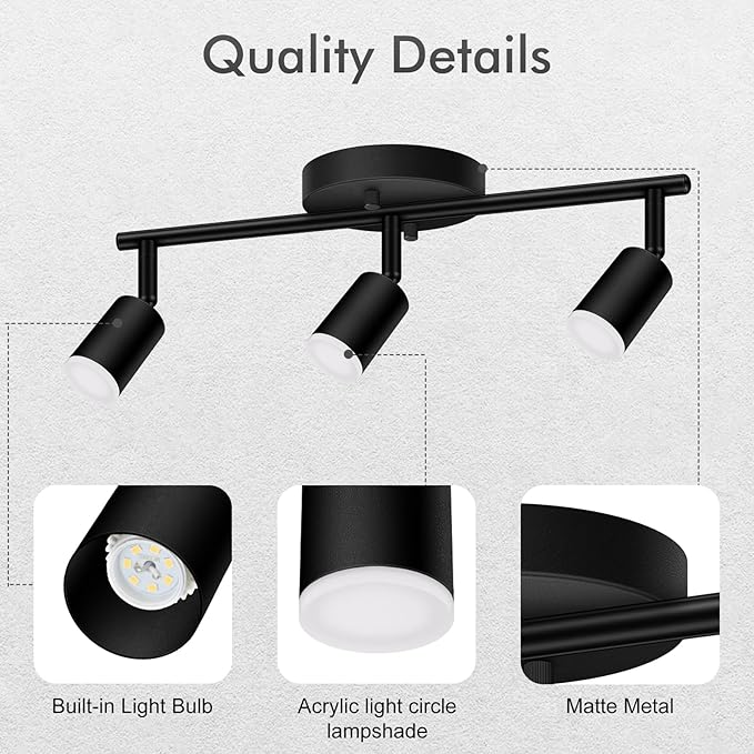 3 Light Track Lighting Fixtures Ceiling, 12W/2700K Black Track Lighting with Acrylic Lampshade & Rotatable Light Heads, 20000hrs Lifespan, Modern LED Track Lights Ceiling for Kitchen/Hallyway