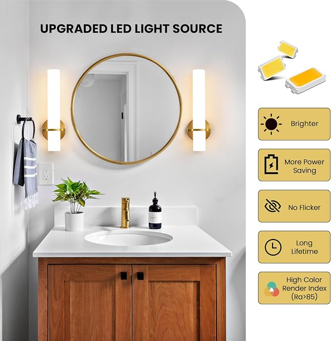 AIJIASI Wall Sconces - 15 inch Gold Wall Sconces Set of Two Modern Bathroom Sconce 15W Dimmable LED Wall Sconce Light with Acrylic Lampshade, Bathroom Vanity Light for Mirror Living Room Hallway 3000K