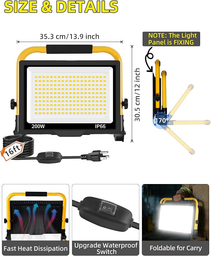 24000LM Work Light with 16FT Cord & Switch, IP66 for Construction Job Site | 200W LED Flood Light Plug in Ultra Brighter, Portable Worklight with Stand, 5000K Daylight for Workshop Camping Outdoor