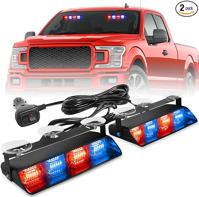 HLauto 2002L Emergency Dash Strobe Lights: Red Blue Safety Lights, Flashing Warning Hazard Windshield Visor Traffic Light Bars for Trucks, Construction Vehicles (2x8.5 inch, 48LED)