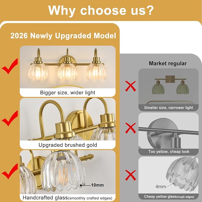 Bathroom Light Fixtures (3-Light, 20 Inch), Brushed Gold Vanity Lights for Bathroom with Ribbed Clear Tulip Glass Shade, Vintage Vanity Wall Lights for Mirror Bedroom Living Room Hallway