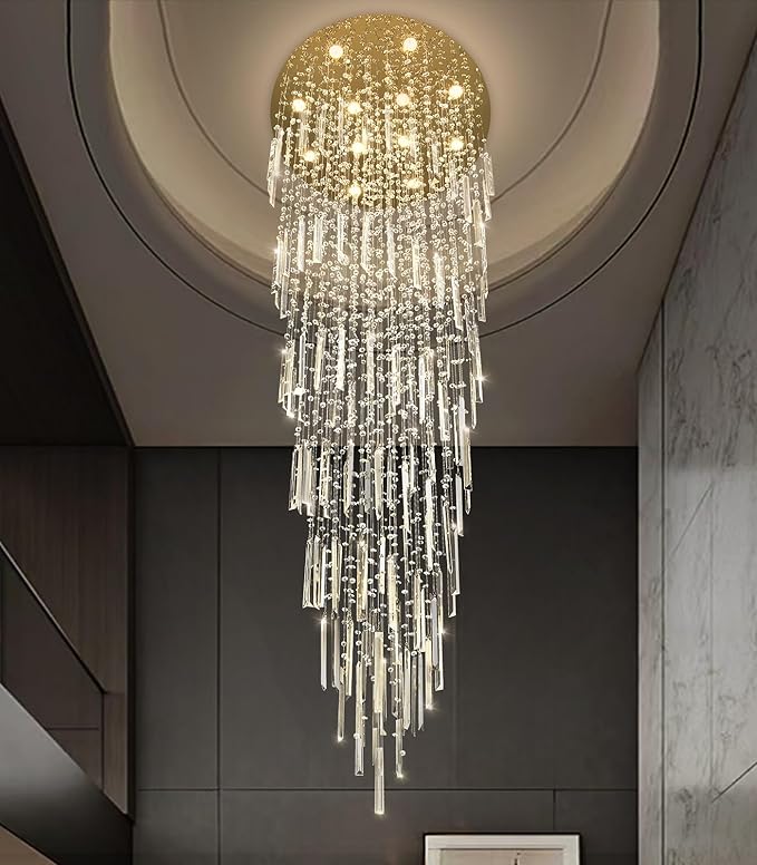 98'' Modern Crystal Chandelier High Ceiling Chandeliers for Entryway Large Raindrop Chandeliers LED Dimmable Flush Mount Light Fixtures for Staircaes Foyer Hallway Living Room LED Bulbs Included Gold
