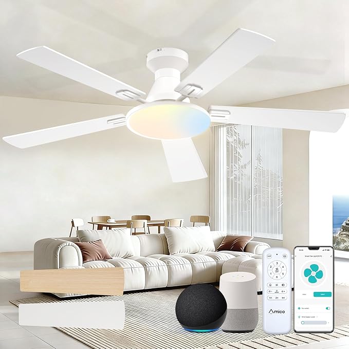 Amico Ceiling Fans with Lights, 52 inch Smart Ceiling Fan with Remote/APP/Alexa Control, Flush Mount, Reversible DC Motor, 5 Blades, 6 Speeds, 3CCT, Dimmable, Noiseless, Bedroom, Living Room, White