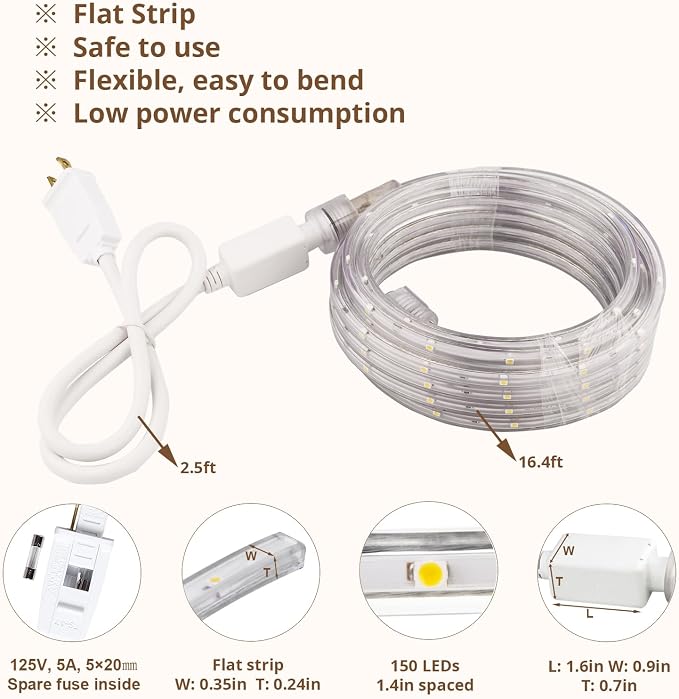 33ft Daylight LED Strip Light Waterproof | Flexible flat design. Connectable. 50,000hr lifespan. Ideal for home, garden, patio, party, Christmas decoration.
