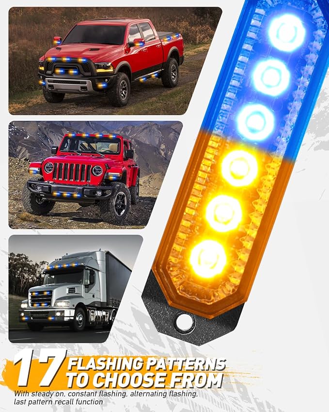 HLauto 406T Emergency Strobe Grille Lights: 4Pcs 6 LED Sync Feature Safety Warning Flashing Light, 12V-24V Ultra Slim Surface Mount Hazard Caution Light for Truck, Vehicle, Car, ATV, UTV (Amber Blue)