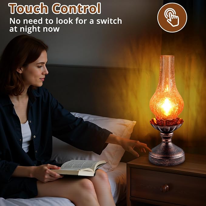 Vintage Table Lamp with Red Amber Gradient Crackle Glass Shade,Touch Control & 3-Way Dimmable Rustic Retro Farmhouse Bedside Lamp for Bedroom, Living Room, Cabin, Office (LED Candle Bulb Included)
