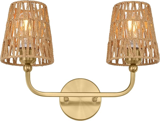 2-Light Brushed Gold Bathroom Vanity Light, Handwoven Rattan Shades | Ideal for 20-28" mirrors, 17" double wall sconce, upward only, E26 base, hardwired, bulbs not included, VL837-BG-RA-2-S