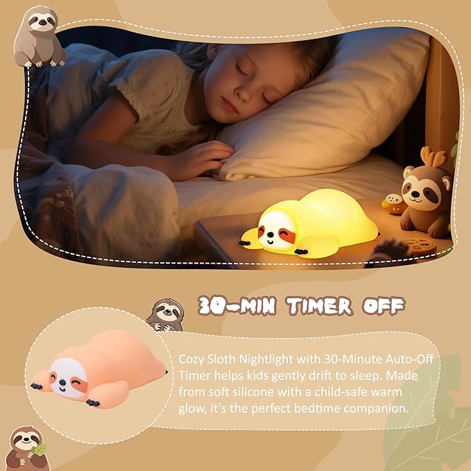 Sloth Gifts, Cute Animal Silicone Night Light with USB Rechargeable, Touch Control & Timer, Suitable for Breastfeeding Reading Working Sleep for Baby Kids Teens Adults