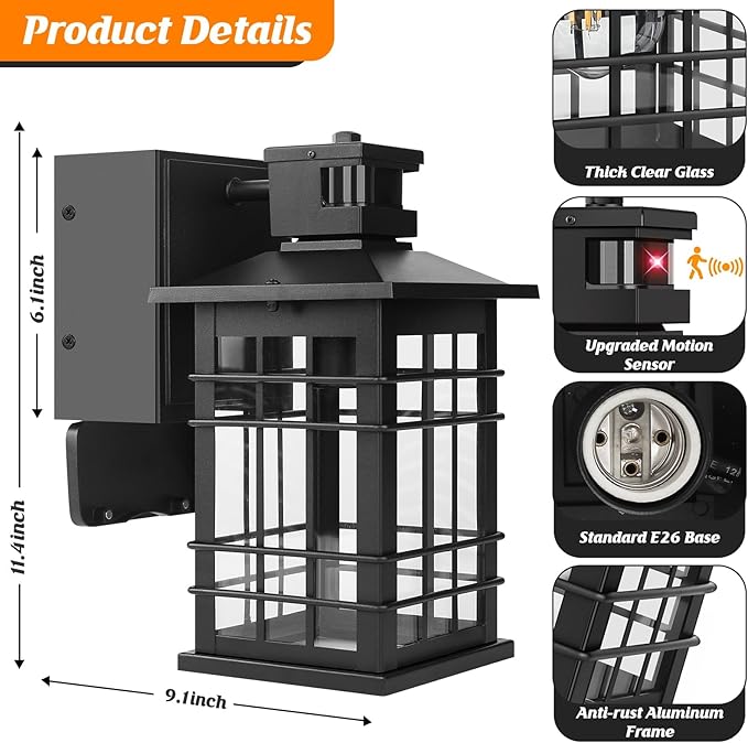 Kondras Motion Sensor Porch Light with GFCI Outlets, 11.4'' Dusk to Dawn Outdoor Wall Light Black, 3 Modes Front Door Exterior Light Fixture Waterproof Outside Light Wall Mount for House Garage