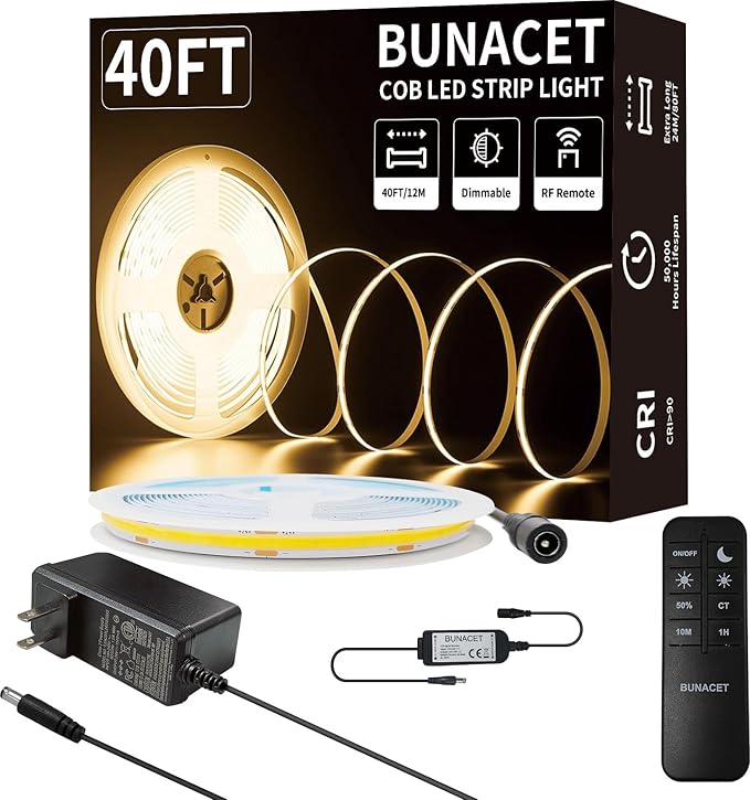 COB LED Strip Light 40ft/12m (1 Roll) Warm White 3000K High Lumen CRI 90+ with UL Listed Power Adapter RF Remote for Bedroom Counter Under Cabinet Kitchen Projects
