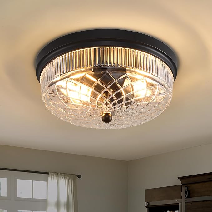 Semi Flush Mount Ceiling Light with Clear Glass Shades,3-Lights Industrial Semi Flush Mount Ceiling Light, 3-Light Industrial Black Light Fixtures Ceiling Mount for Kitchen Living Room Foyer