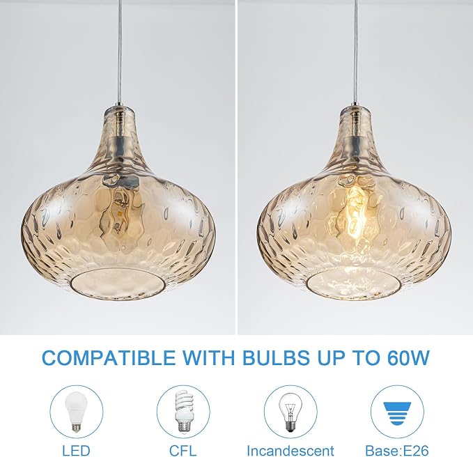 11 Inch Amber Hammered Glass Pendant Light Brushed Nickel Ceiling Lamp | Adjustable height, standard E26 bulb, versatile decor fixture for dining area, kitchen island living room & entry hallway