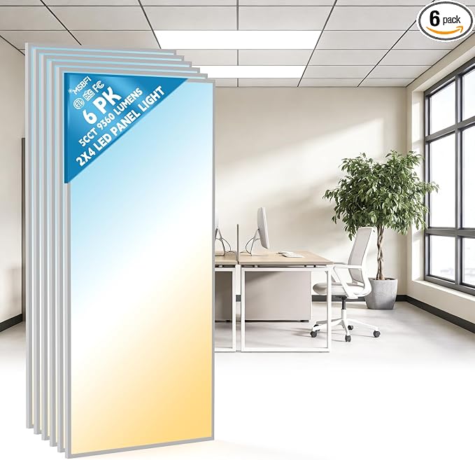 2x4 LED Flat Panel Light Drop Ceiling Office Fixture, 5 CCT 3000K-6500K Adjustable & 5 Wattage Selectable,0-10V Dimmable, 2X4 LED Flush Mount Ceiling Light, ETL Listed 6Pack