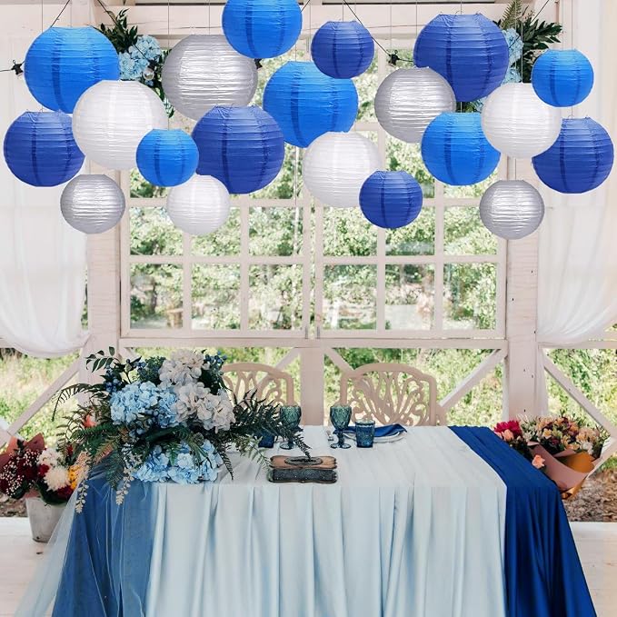 Paper Lanterns Party Decorations, Hanging Round Chinese Lanterns for Graduation New Year Blue Birthday Decorations Pack of 20 Blue Silver