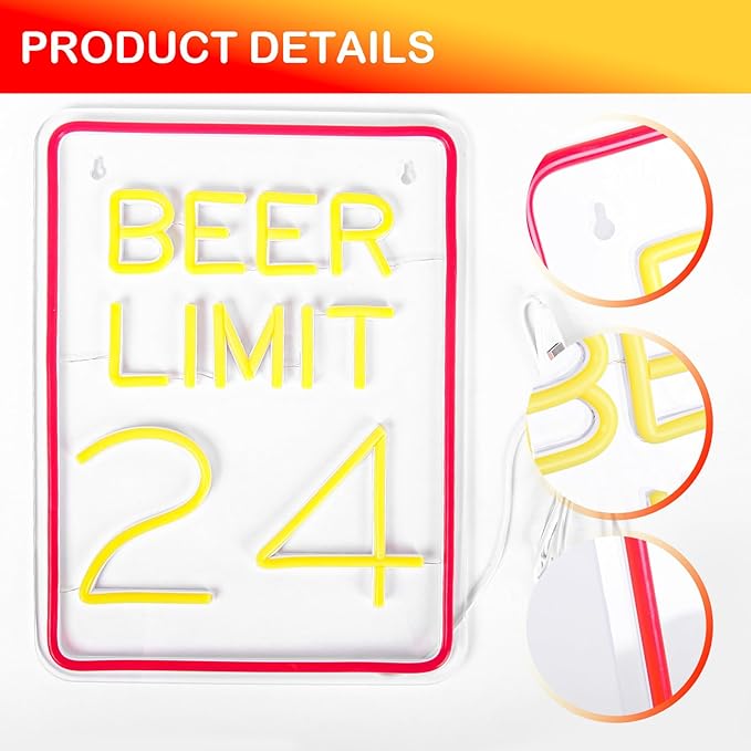 Beer Neon Sign for Wall Decor Dimmable Beer Limit 24 Neon Light Sign Bar Led Sign for Man Cave Home Bar Pub Restaurant Basement Garage Bistro Hotel Birthday Party Decor Gifts