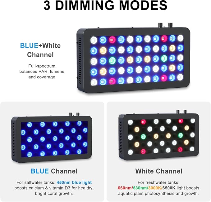 Wills Aquarium Light, 100W Full Spectrum LED Reef Lights, 16"x8"x2.4" | Coral Saltwater Fish Tank, Blue/White Dual Dimmable Channels, 55 Premium SMD LEDs, Daisy Chain Design, Hanging Kit