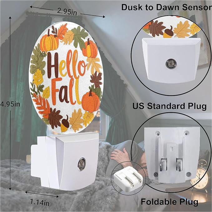 Mugod Hello Fall Plug-in Nightlights Autumn Leaves Maple Pumpkin Night Light Plug into Wall with Dusk-to-Dawn Sensor LED Lighting 0.5W Sleep-Friendly