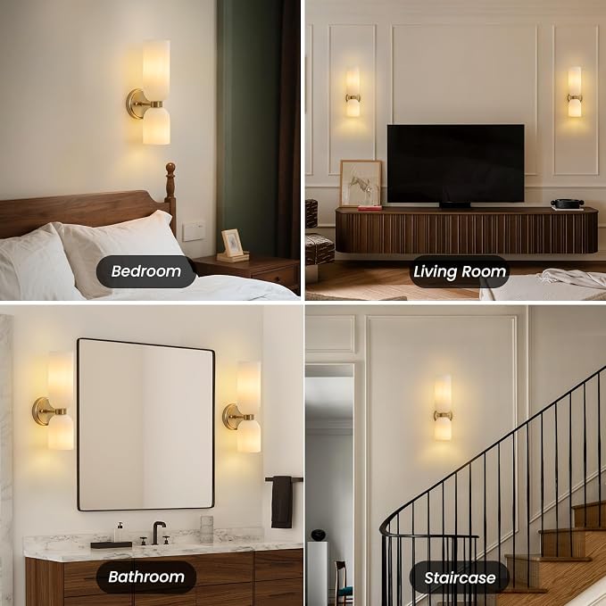 Mid Century Bathroom Wall Sconce: Modern Indoor Milk Glass Vanity Sconces | Frosted White Dimmable Lighting Fixture with Bulb, Brushed Brass Gold Double Lights for Bedroom Living Room Decor