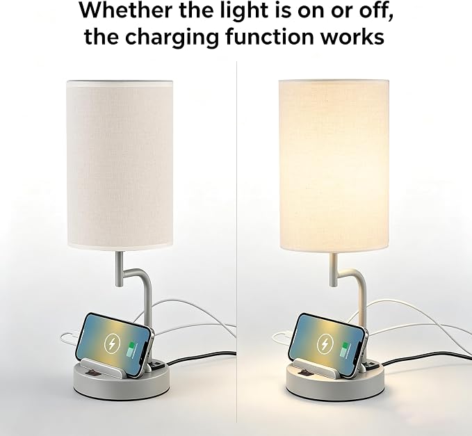 Dreamholder 2 Pack Table Lamp, Bedside Lamp with 3 USB Charging Ports & AC Outlet, USB Desk Lamp with 2 Phone Holders, Linen Fabric Shade Nightstand Lamps for Bedroom Living Room Office, Gray