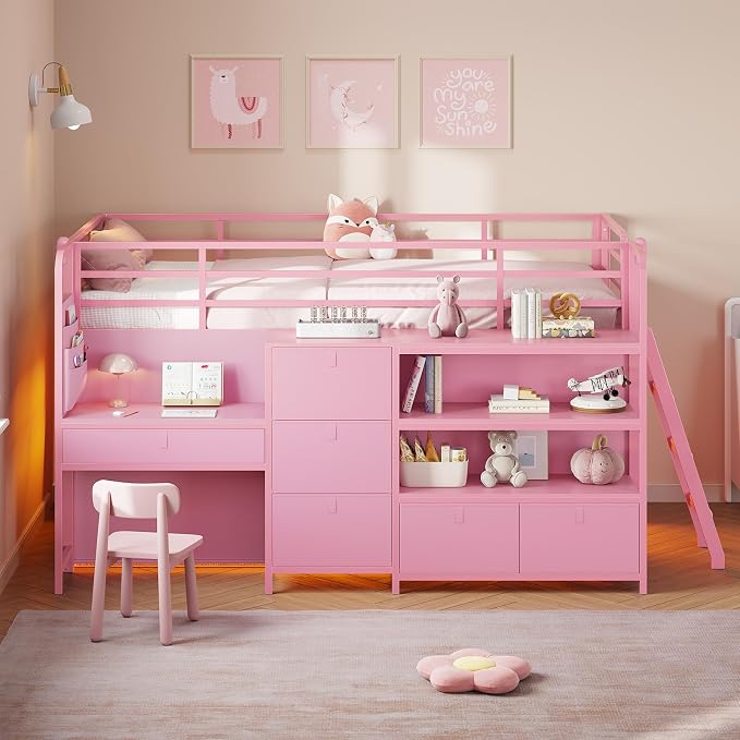 Low Loft Bed Twin Size with Desk, 6 Storage Drawers & Bookshelf, Kids Loft Bed with LED Lights & Under-Bed Play Space, Heavy Duty Metal Bed Frame with 13.8"H Safety Guardrail & Ladder, Pink