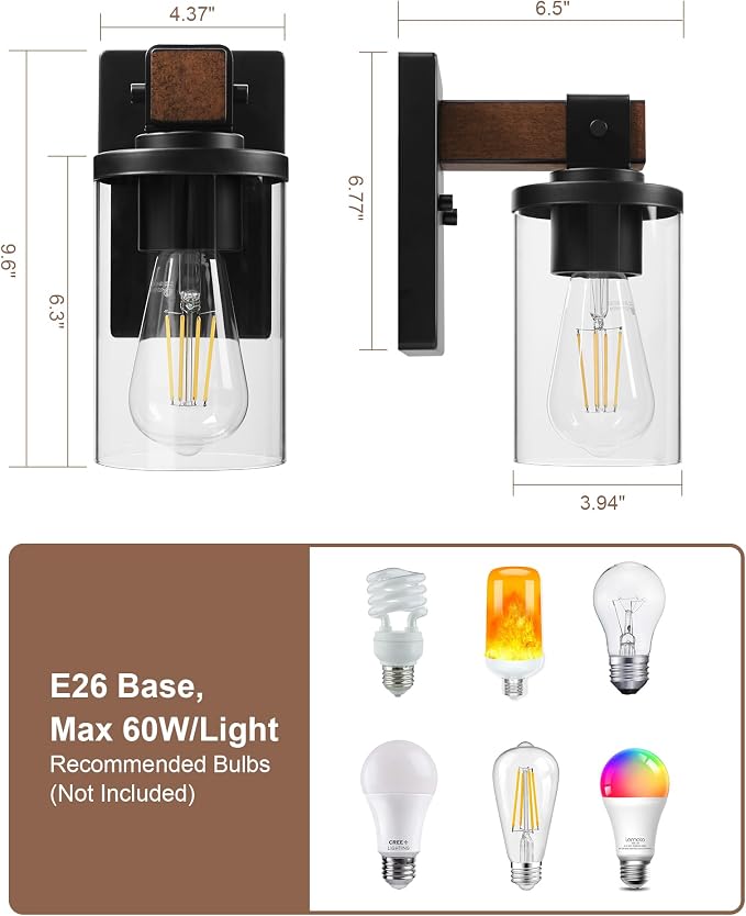1-Light Wall Sconces Set of 2, Farmhouse Bathroom Vanity Light Fixtures, Wood Grain Black Wall Mount Light with Clear Glass Shade for Living Room Hallway Bedroom, ETL Listed