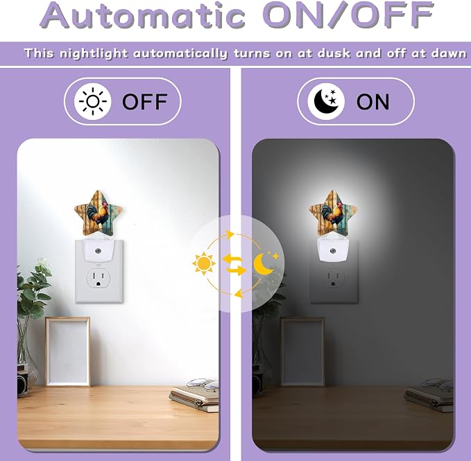 Chicken Rooster Nightlights Plug in Wall,Wooden Board Decorative Star Lamp with Automatic Lighting for Living Space,Gentle Glow for Kids Room,Hallway,Bathroom